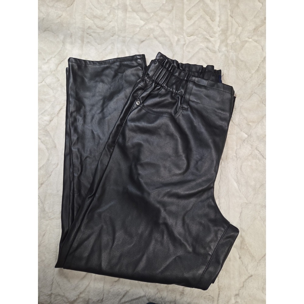 Scoop Black Faux Leather Straight Pants- Elastic Waist Button Accent
